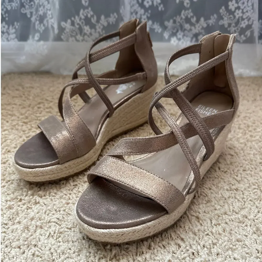 Eileen Fisher Wanda‎ Metallic Leather Espadrille Wedge Sandals - Size 6.5